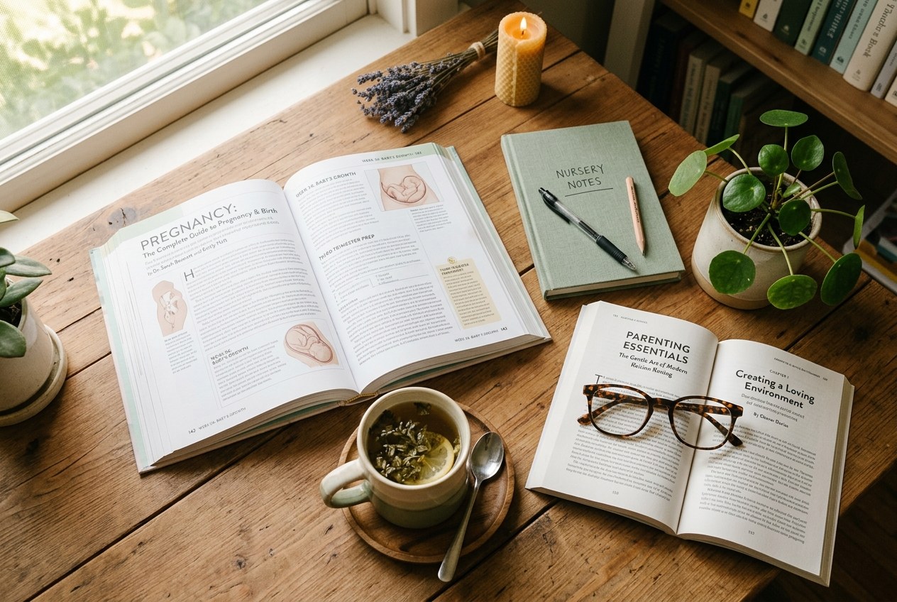 Pregnancy books and research materials on desk