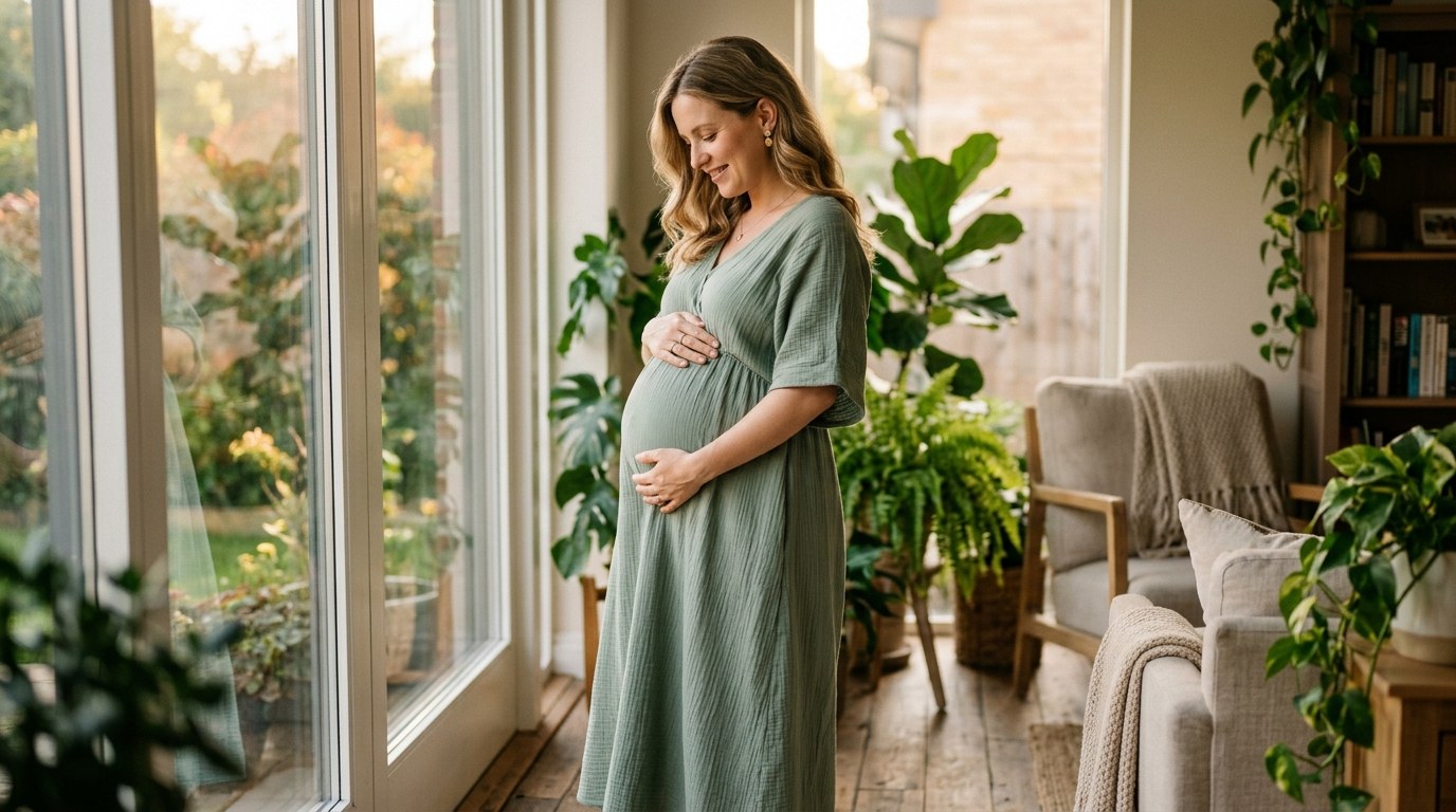 Pregnant woman in sage green dress by sunlit window