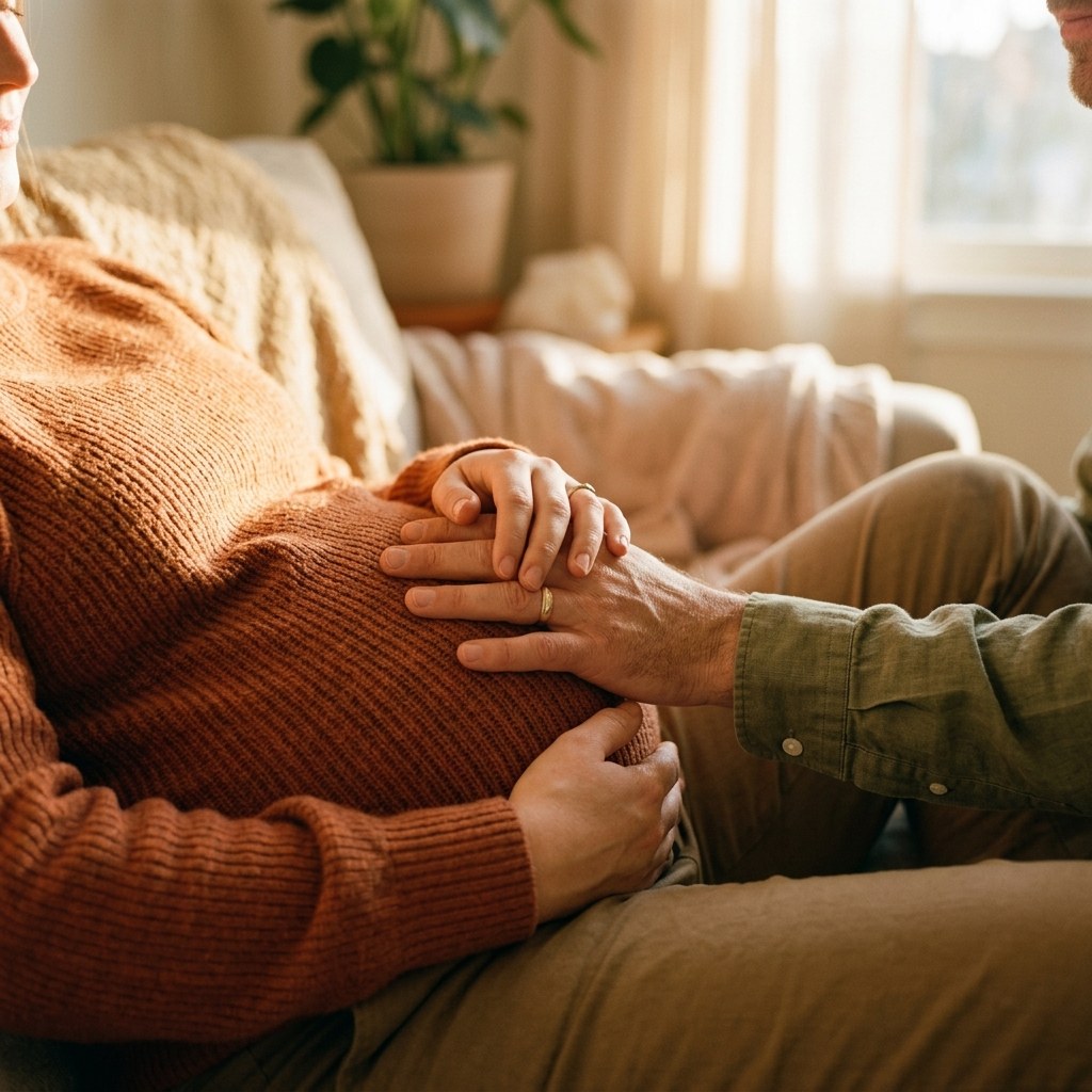 Partner hands on pregnant belly
