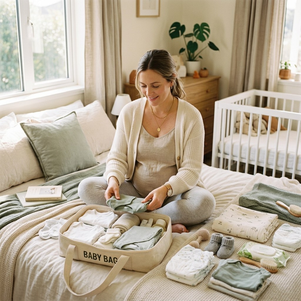 Pregnant woman packing baby bag